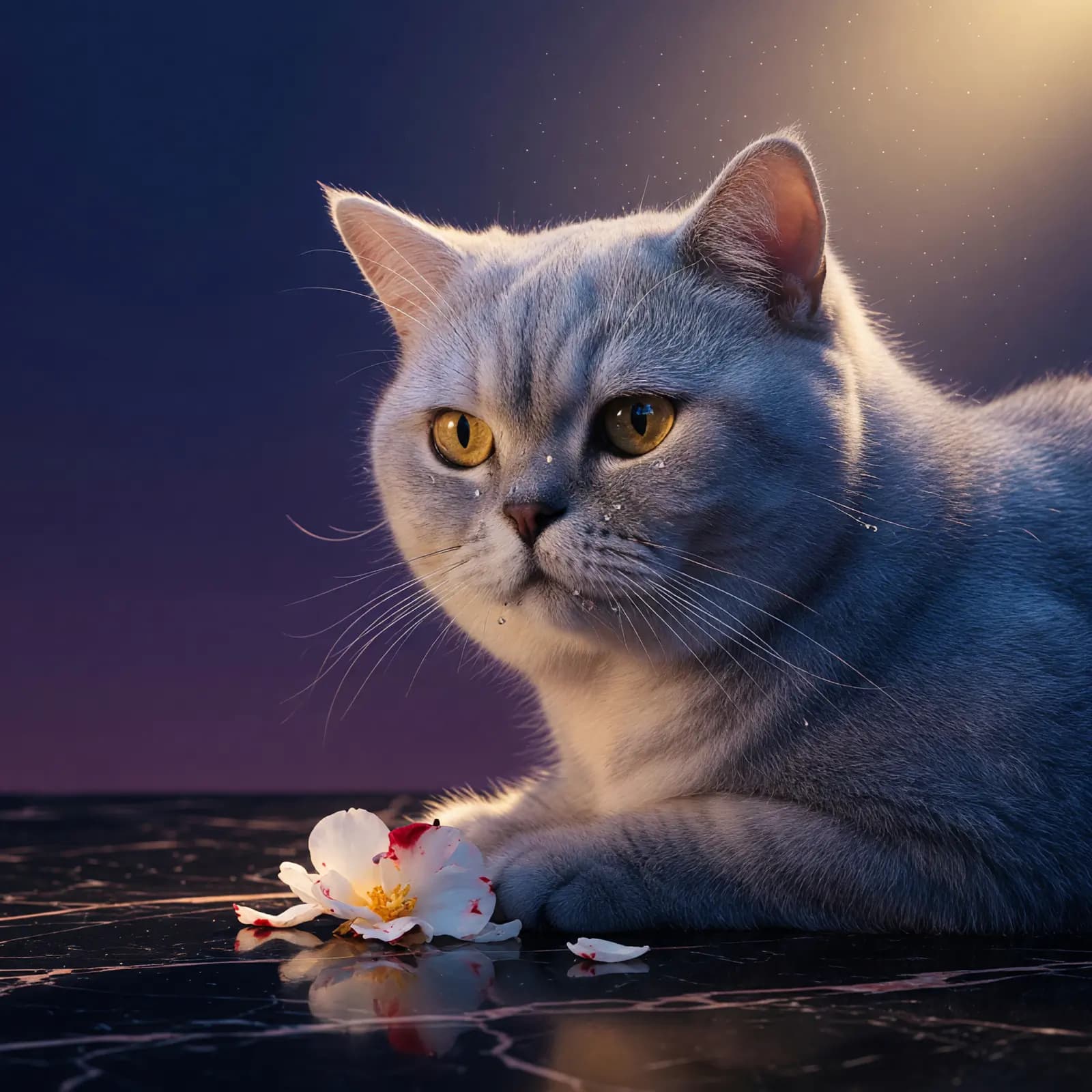White cat resting in an alpine village at dusk