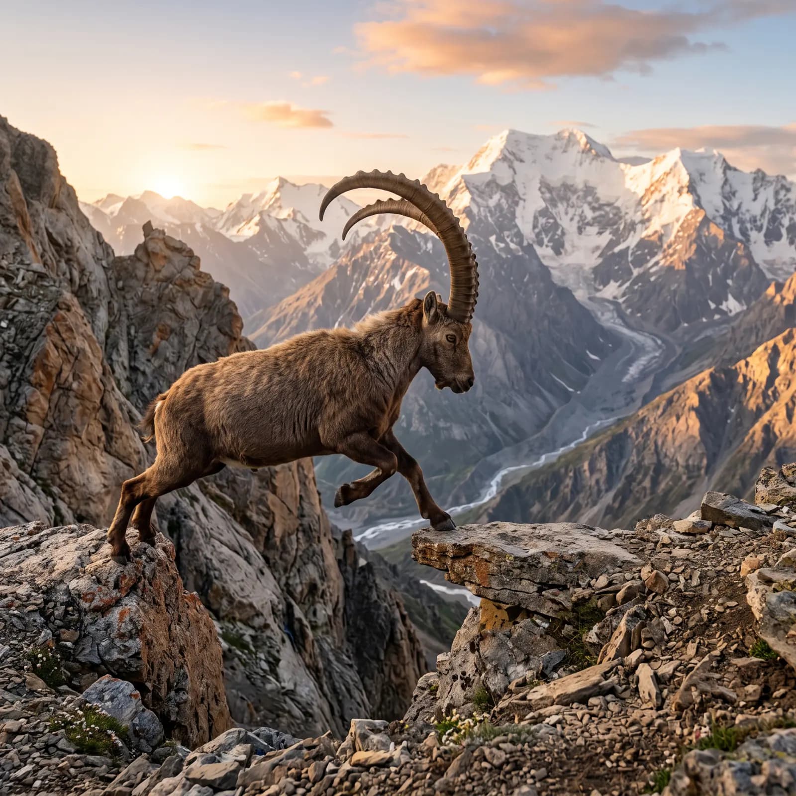 Alpine ibex standing above a snowy mountain valley
