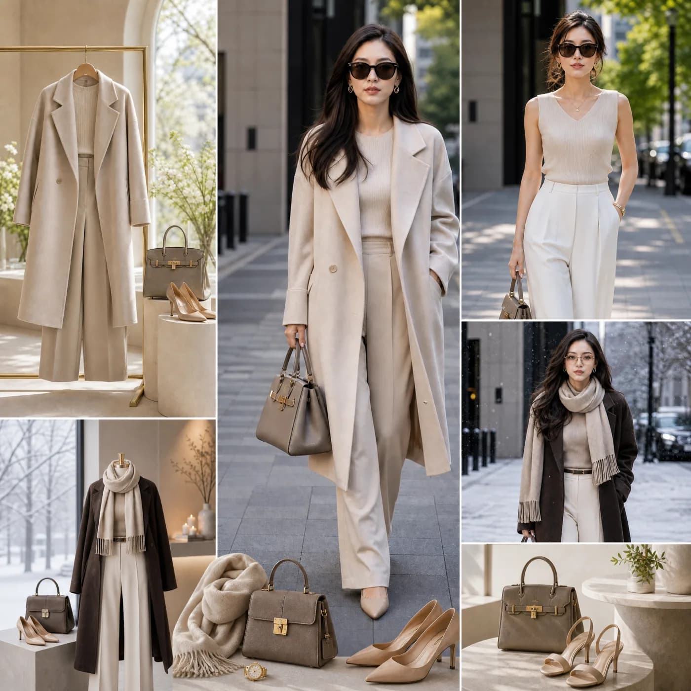 A complete ivory and espresso fashion campaign presented as an editorial board