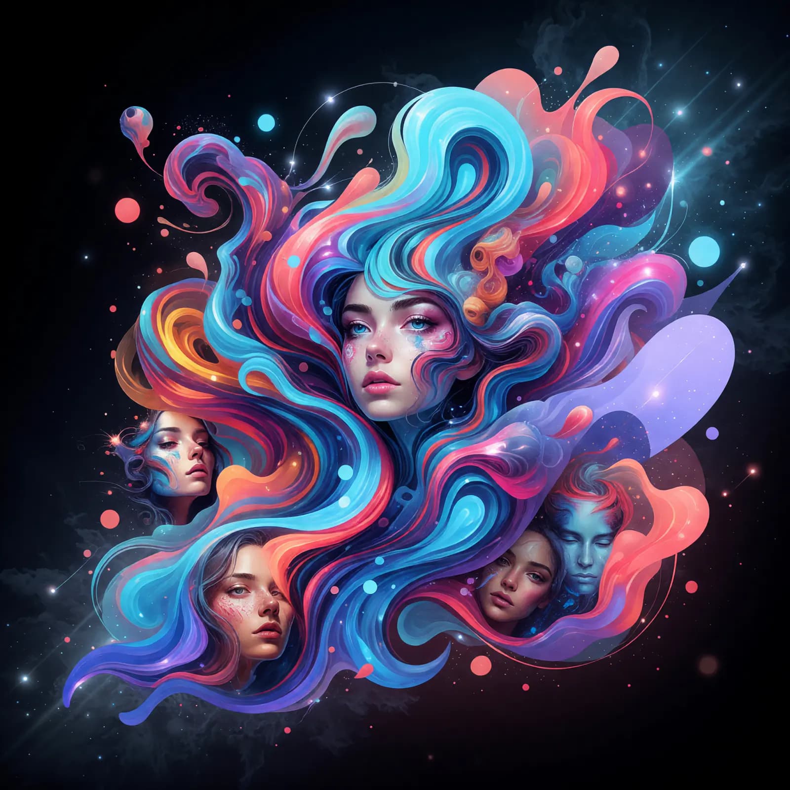 Colorful illustrated portrait with flowing abstract forms
