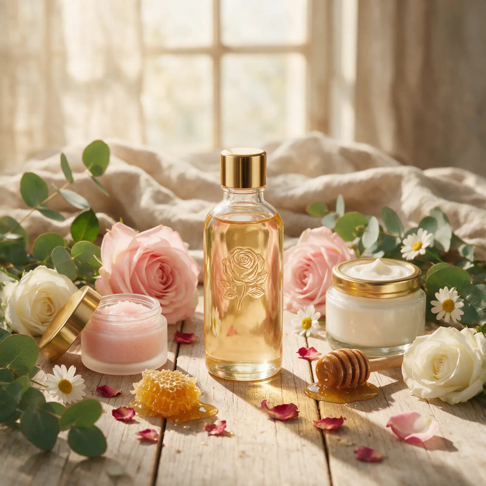 Perfume campaign arranged with flowers and gold details